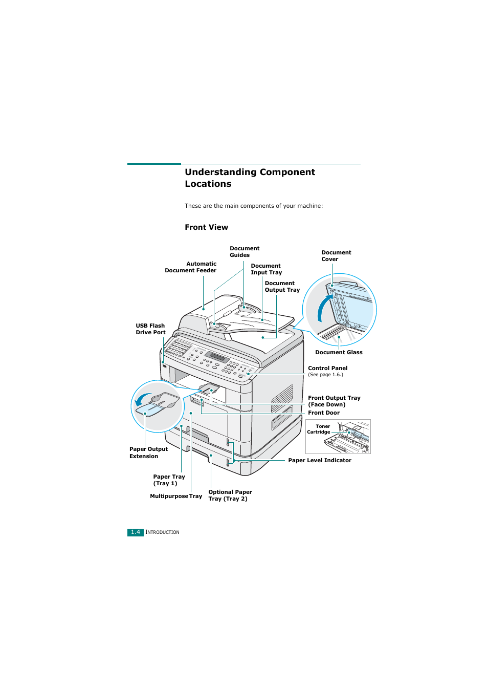 Understanding component locations, Front view | Samsung SCX-4720FN User Manual | Page 23 / 302