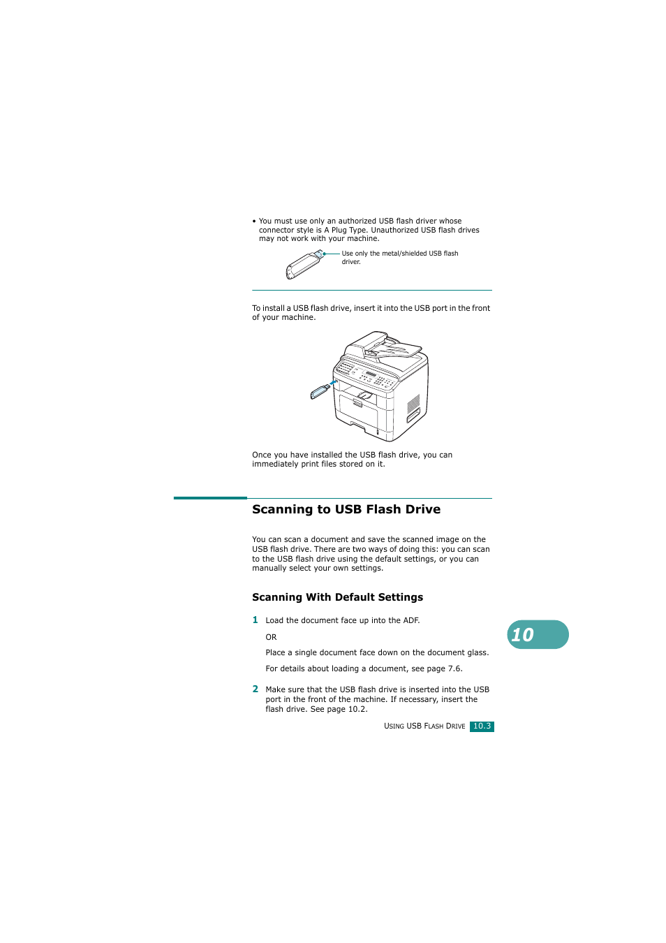 Scanning to usb flash drive, Scanning with default settings | Samsung SCX-4720FN User Manual | Page 240 / 302