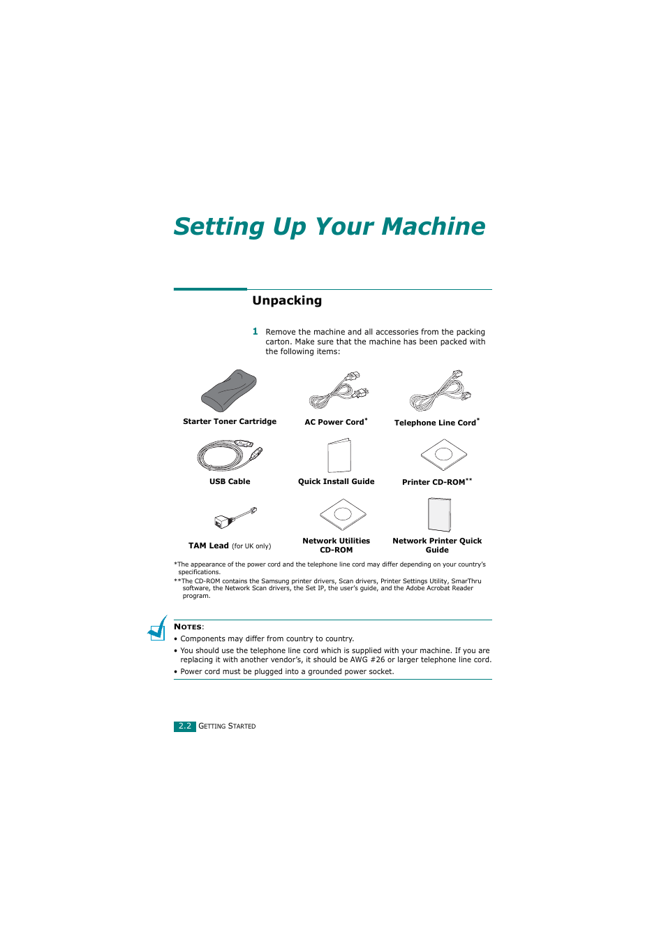 Unpacking, Setting up your machine | Samsung SCX-4720FN User Manual | Page 29 / 302