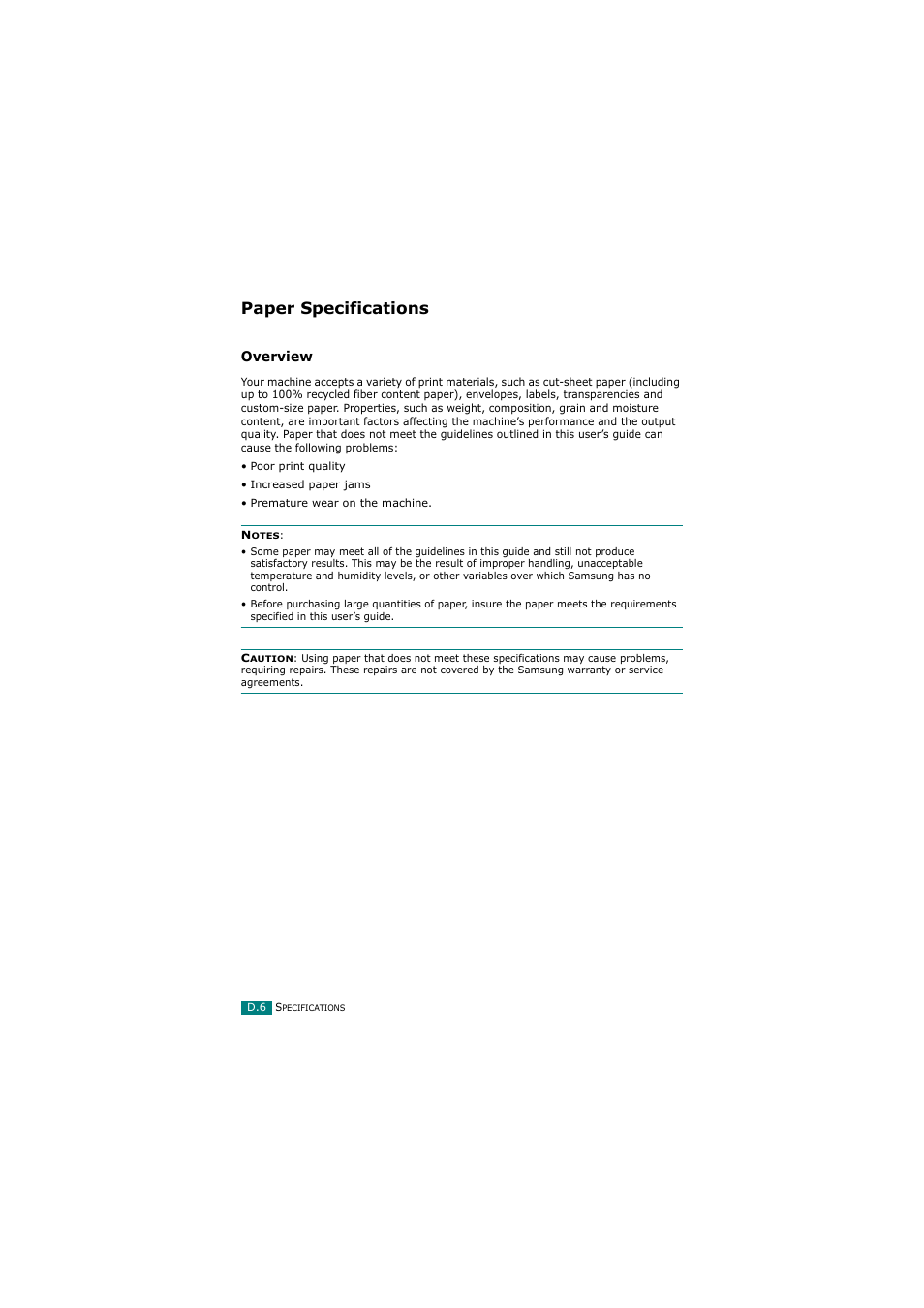 Paper specifications, Overview, See “paper | See “paper specifications | Samsung SCX-4720FN User Manual | Page 291 / 302