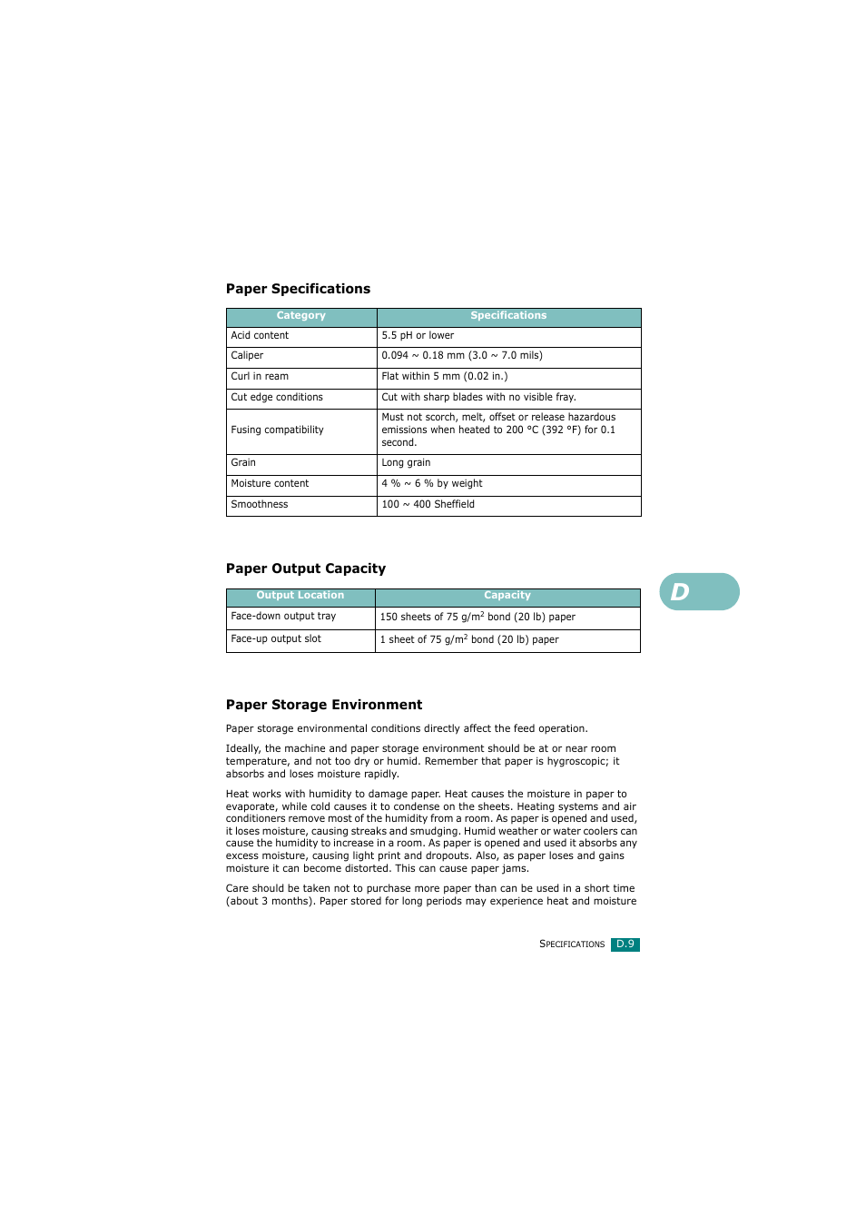 Paper specifications, Paper output capacity, Paper storage environment | Samsung SCX-4720FN User Manual | Page 294 / 302