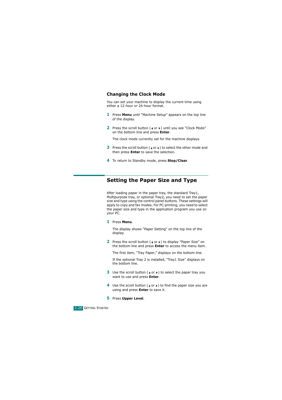 Changing the clock mode, Setting the paper size and type | Samsung SCX-4720FN User Manual | Page 47 / 302