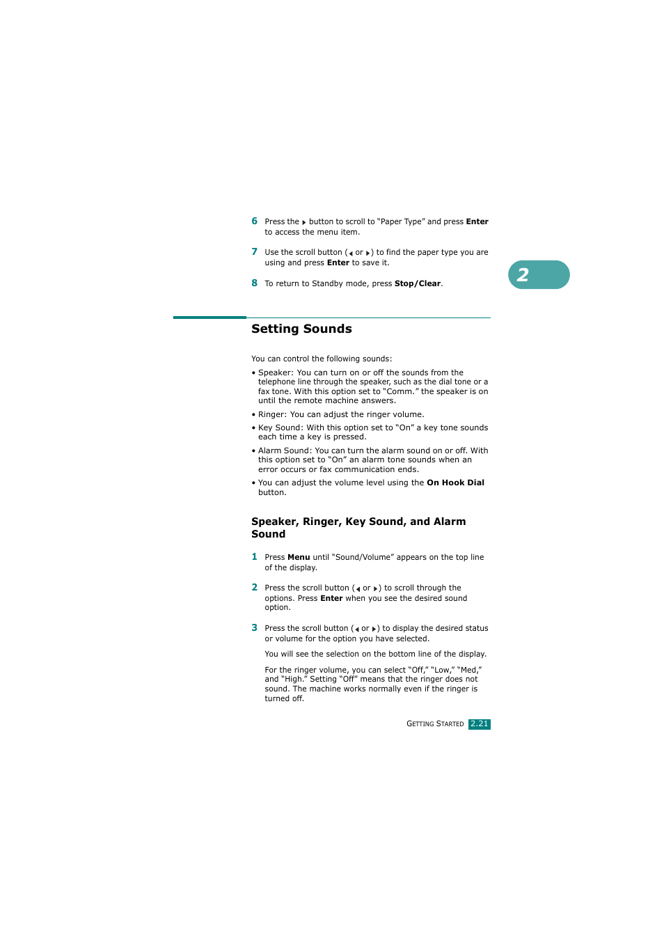 Setting sounds, Speaker, ringer, key sound, and alarm sound | Samsung SCX-4720FN User Manual | Page 48 / 302