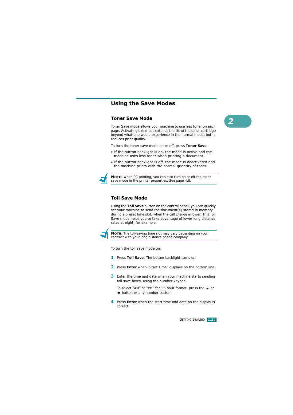 Using the save modes, Toner save mode, Toll save mode | Samsung SCX-4720FN User Manual | Page 50 / 302