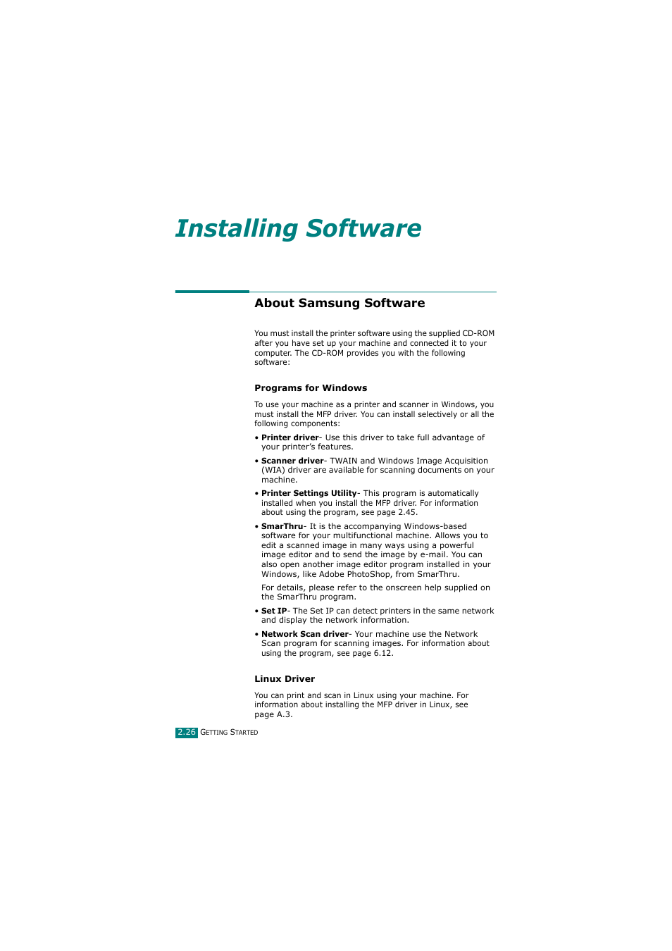 About samsung software, Installing software | Samsung SCX-4720FN User Manual | Page 53 / 302