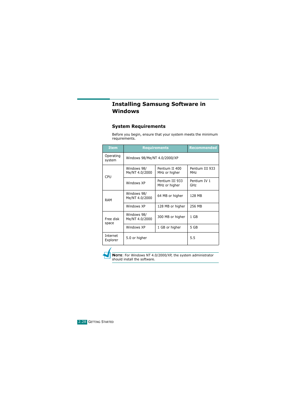 Installing samsung software in windows, System requirements | Samsung SCX-4720FN User Manual | Page 55 / 302