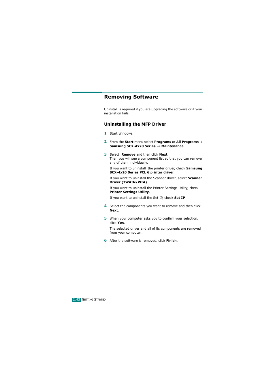 Removing software, Uninstalling the mfp driver | Samsung SCX-4720FN User Manual | Page 70 / 302