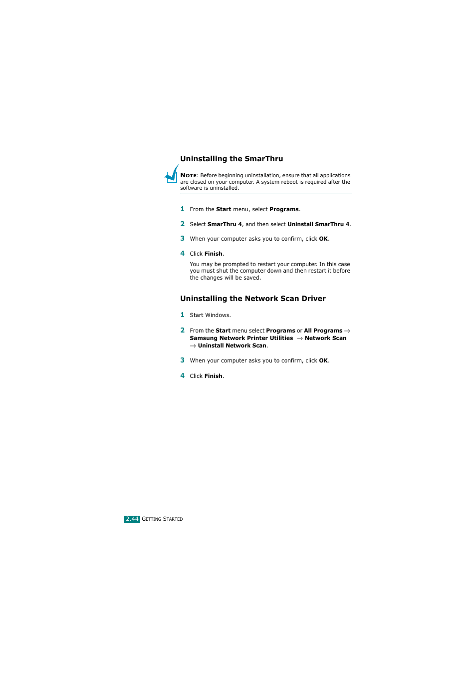 Uninstalling the smarthru, Uninstalling the network scan driver | Samsung SCX-4720FN User Manual | Page 71 / 302