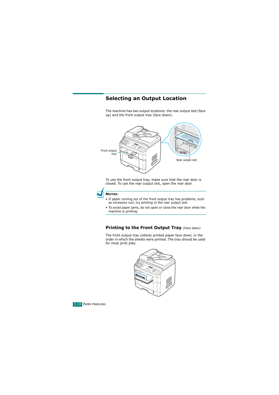 Selecting an output location, Printing to the front output tray (face down), Printing to the front output tray | Samsung SCX-4720FN User Manual | Page 85 / 302