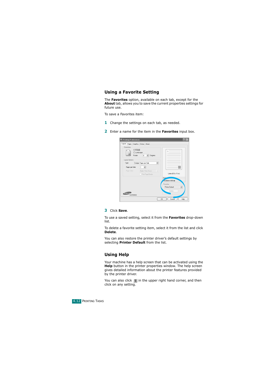 Using a favorite setting, Using help | Samsung SCX-4720FN User Manual | Page 99 / 302