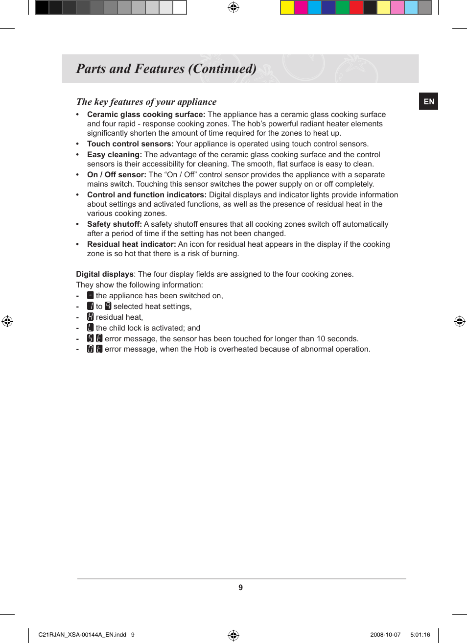 Parts and features (continued), The key features of your appliance | Samsung C21RJAN User Manual | Page 11 / 28