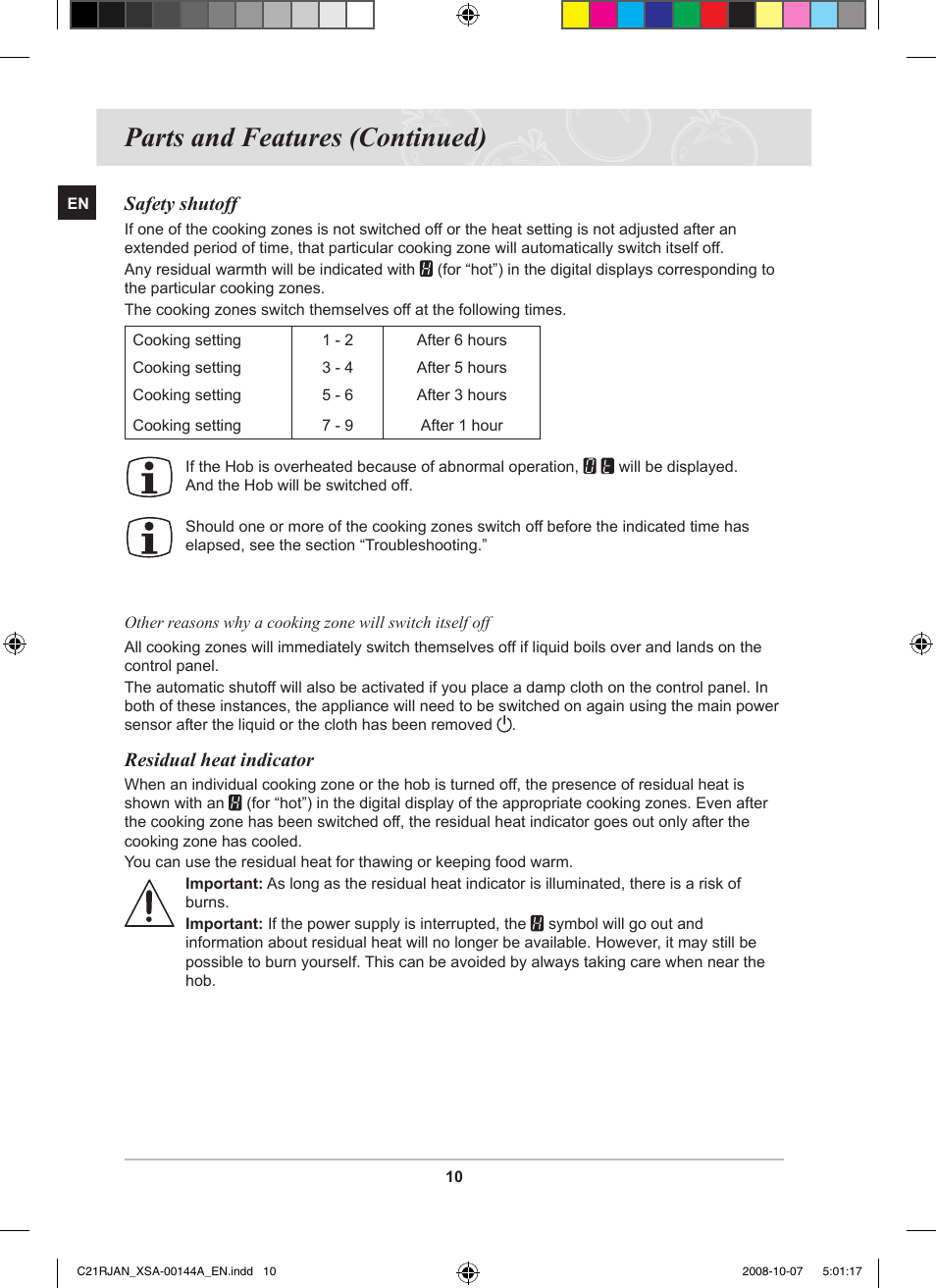 Parts and features (continued), Safety shutoff, Residual heat indicator | Samsung C21RJAN User Manual | Page 12 / 28