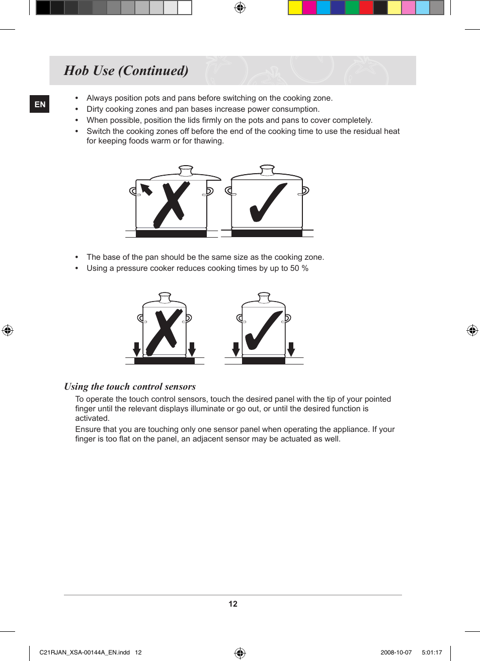 Hob use (continued), Using the touch control sensors | Samsung C21RJAN User Manual | Page 14 / 28