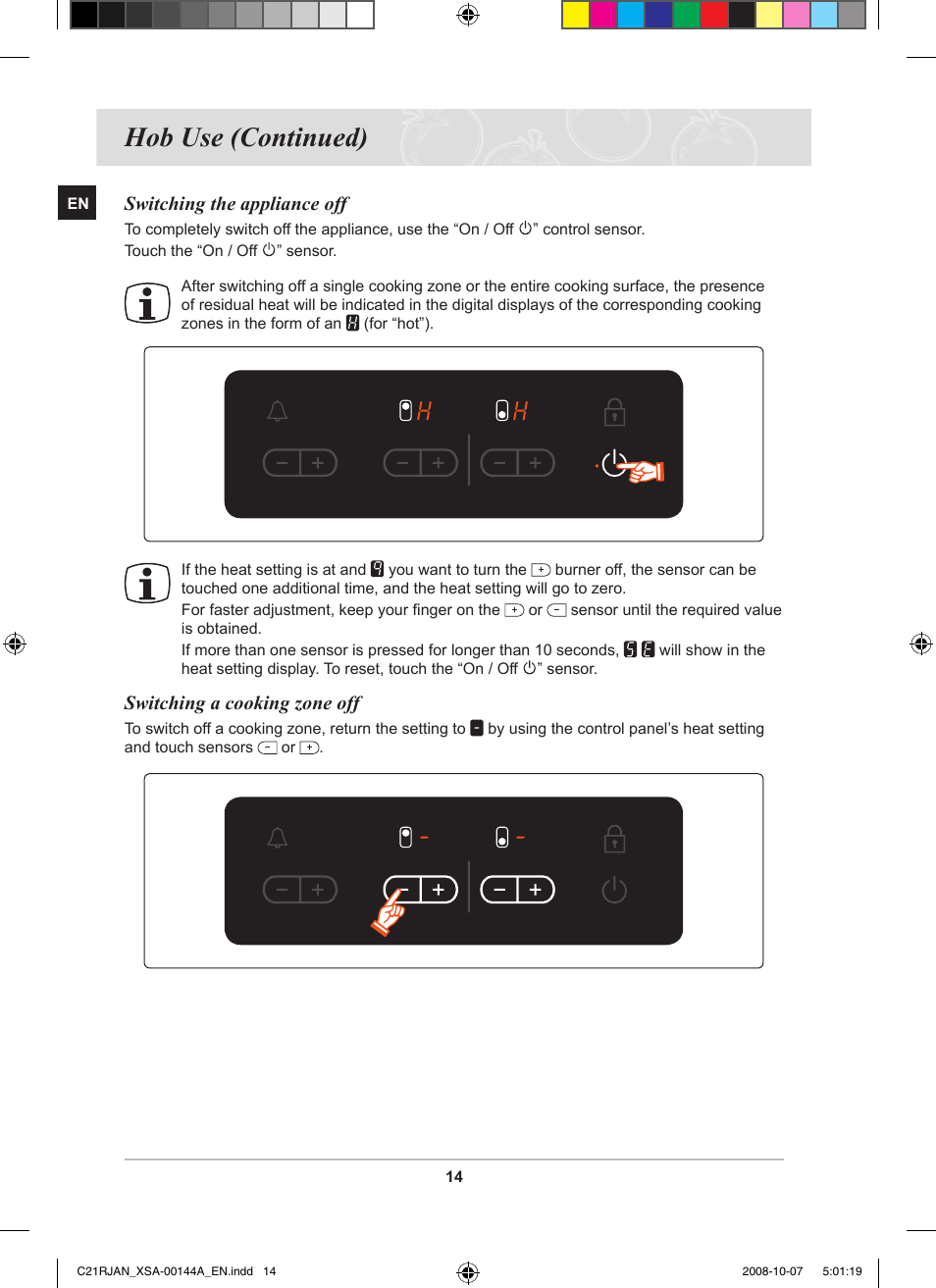 Hob use (continued) | Samsung C21RJAN User Manual | Page 16 / 28