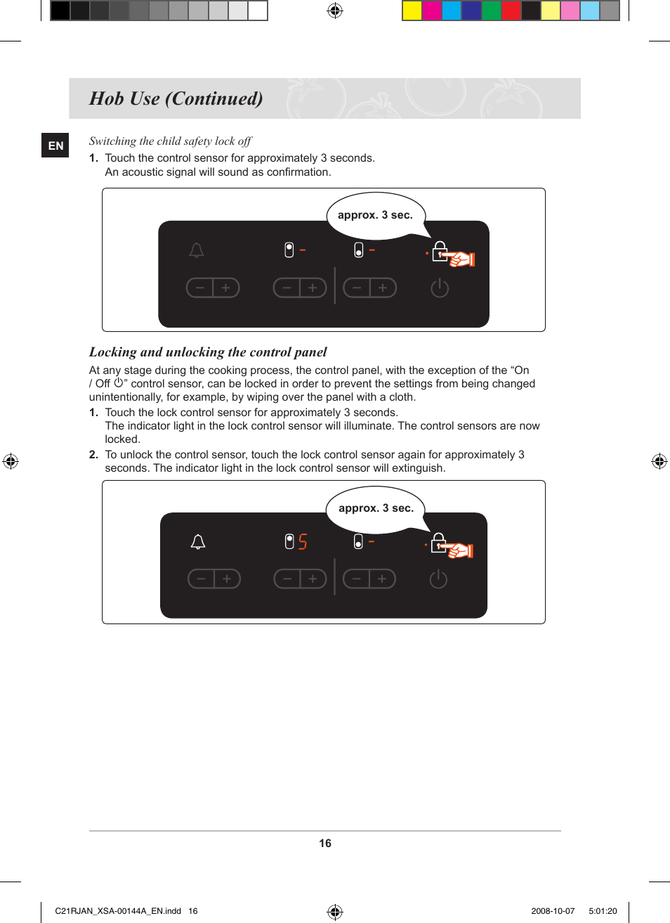 Hob use (continued), Locking and unlocking the control panel | Samsung C21RJAN User Manual | Page 18 / 28