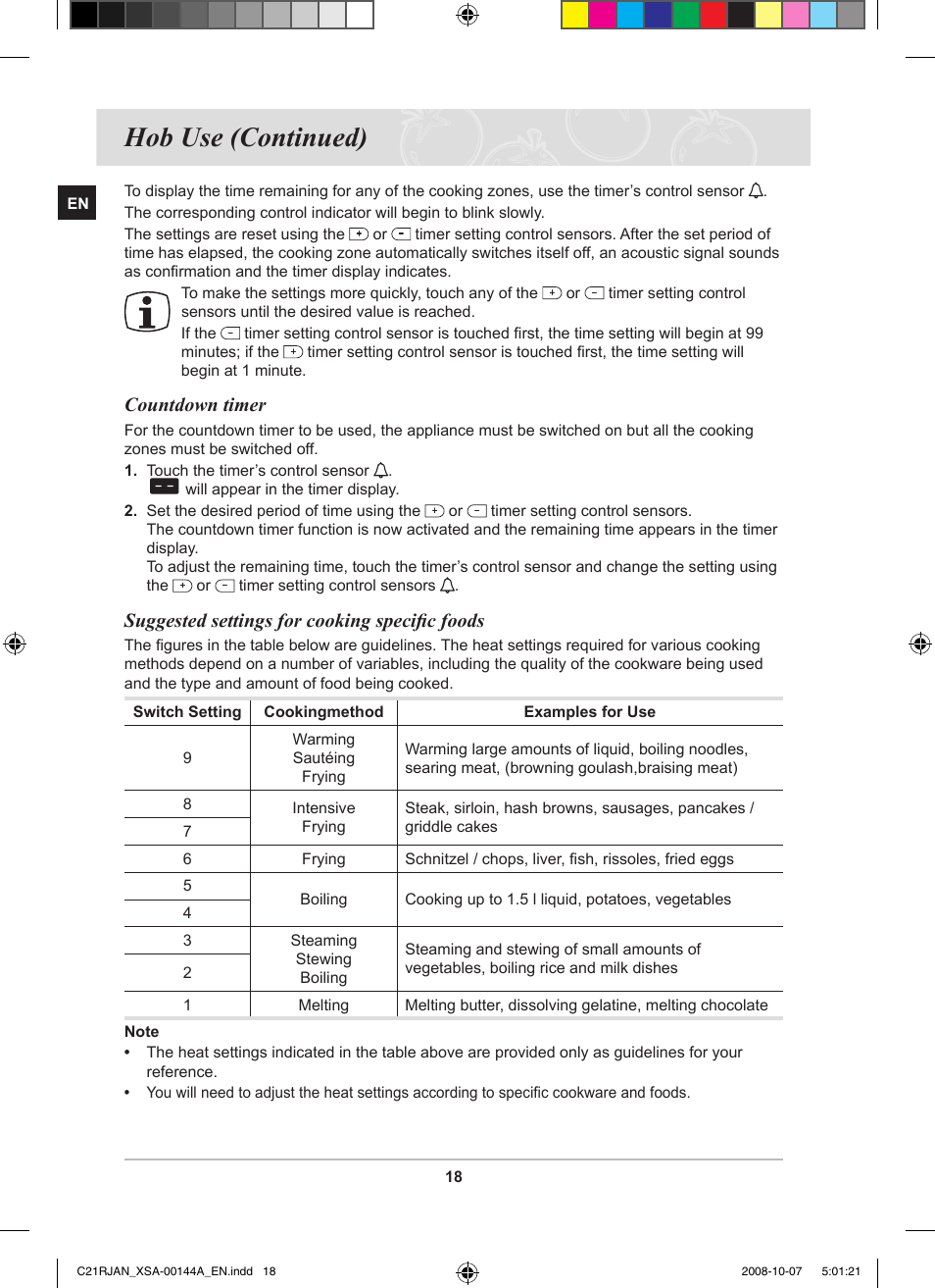 Hob use (continued), Countdown timer, Suggested settings for cooking specific foods | Samsung C21RJAN User Manual | Page 20 / 28