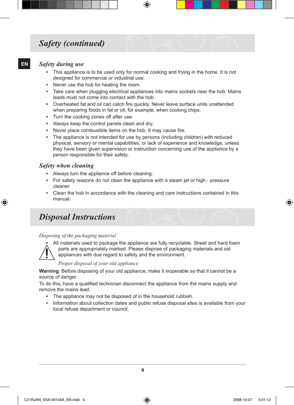 Disposal instructions, Safety (continued) | Samsung C21RJAN User Manual | Page 6 / 28