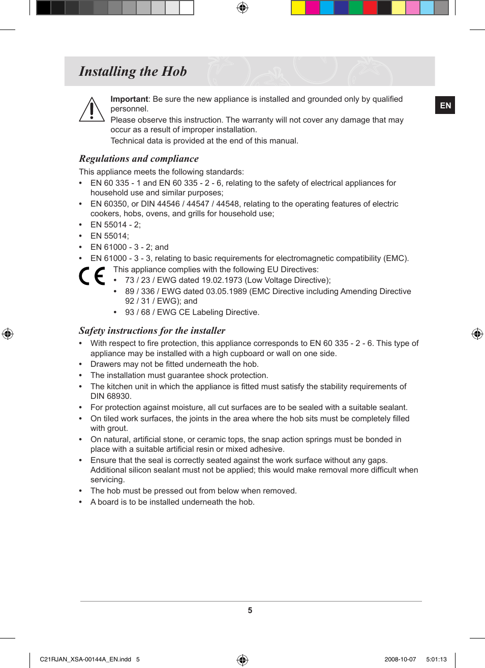 Installing the hob, Regulations and compliance, Safety instructions for the installer | Samsung C21RJAN User Manual | Page 7 / 28