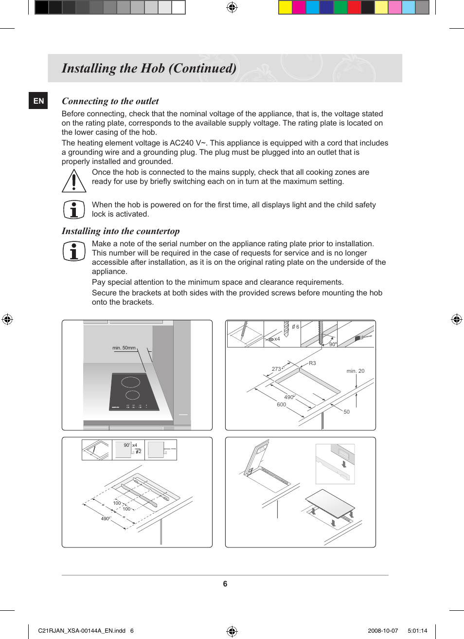 Installing the hob (continued), Connecting to the outlet, Installing into the countertop | Samsung C21RJAN User Manual | Page 8 / 28