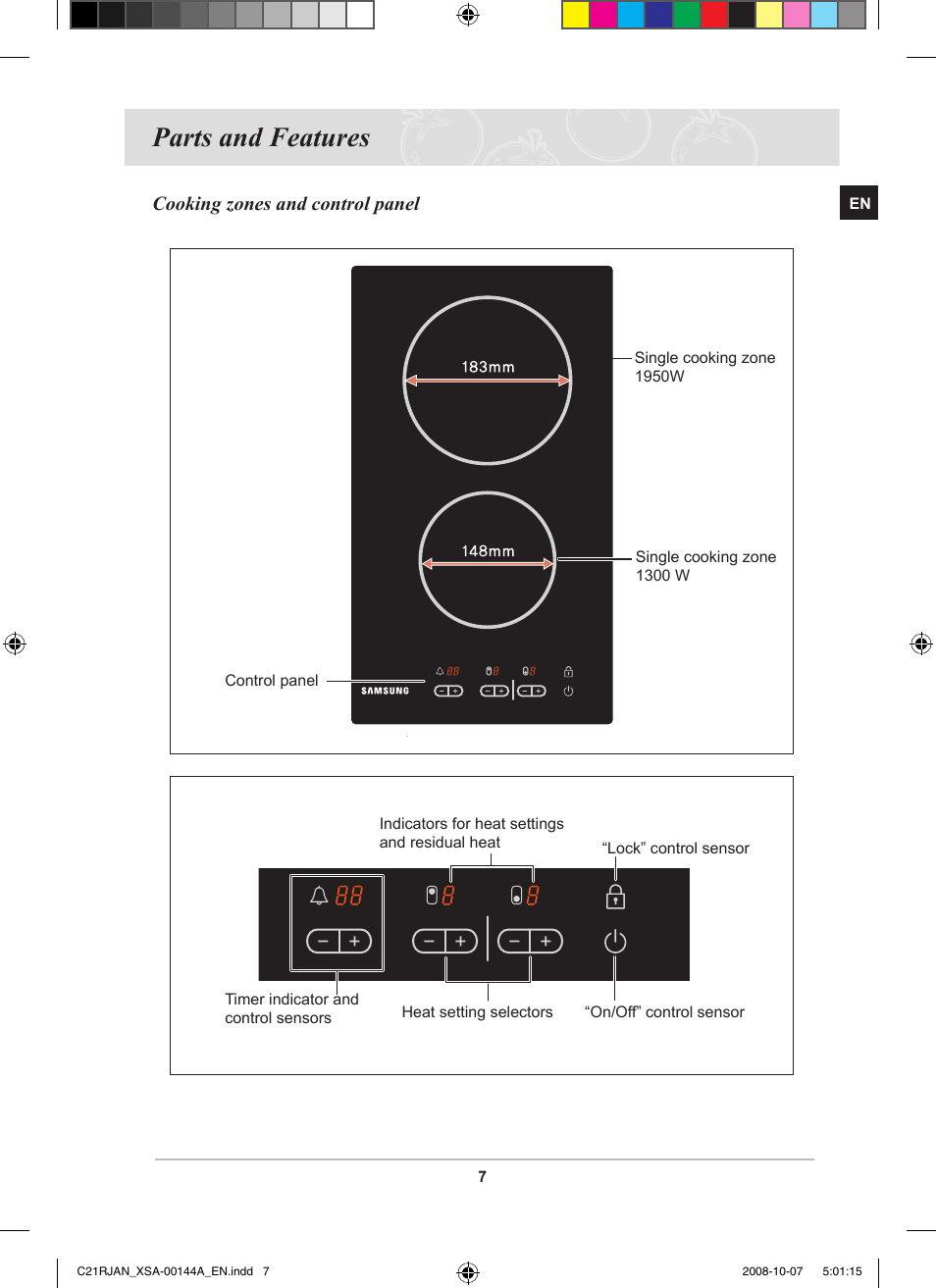 Parts and features, Cooking zones and control panel | Samsung C21RJAN User Manual | Page 9 / 28