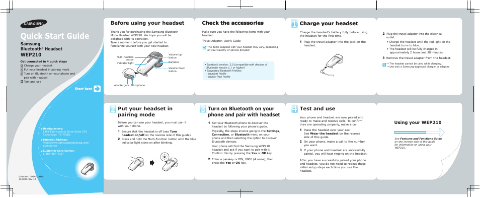 Quick start guide, Wep210, Check the accessories | Test and use, Before using your headset, Samsung bluetooth, Headset, Using your wep210, Start here | Samsung GH68-12949A User Manual | Page 2 / 2