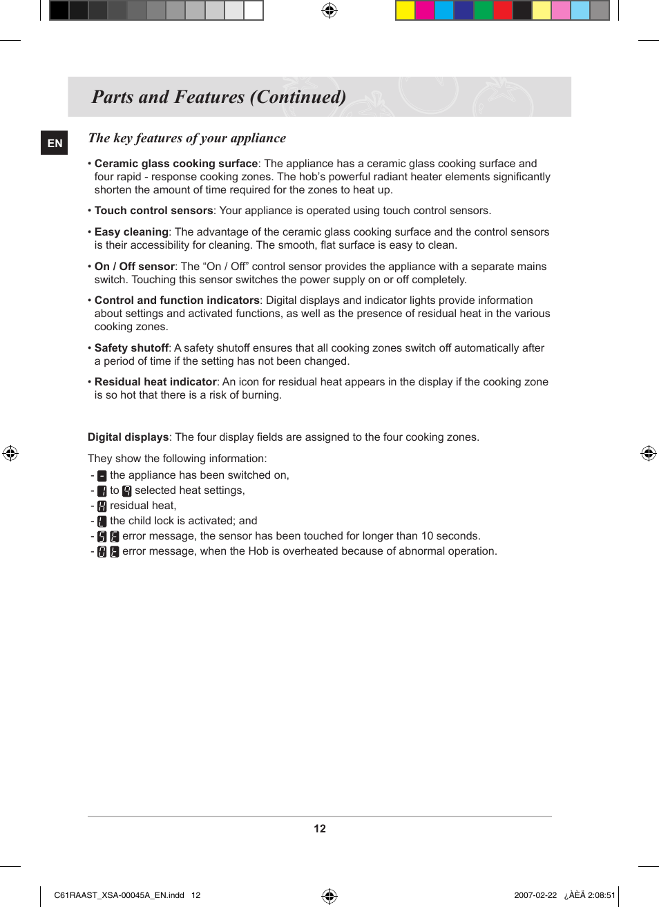 Parts and features (continued), The key features of your appliance | Samsung C61RAAST User Manual | Page 14 / 30
