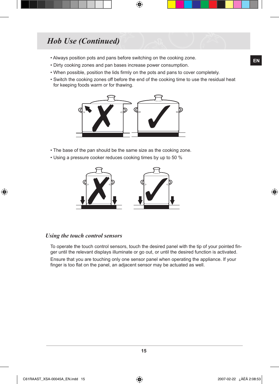 Hob use (continued) | Samsung C61RAAST User Manual | Page 17 / 30