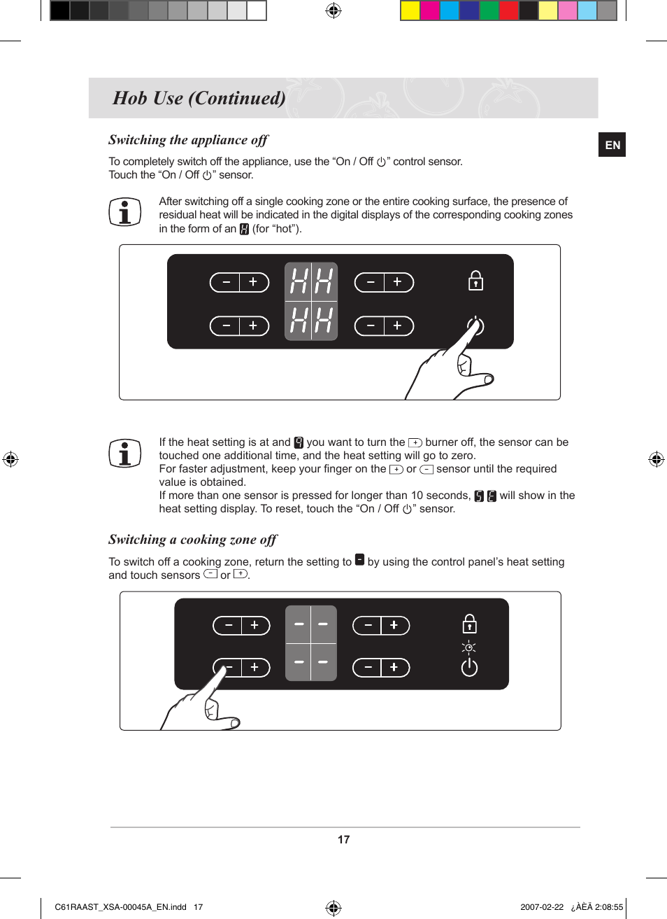 Hob use (continued), Switching the appliance off, Switching a cooking zone off | Samsung C61RAAST User Manual | Page 19 / 30