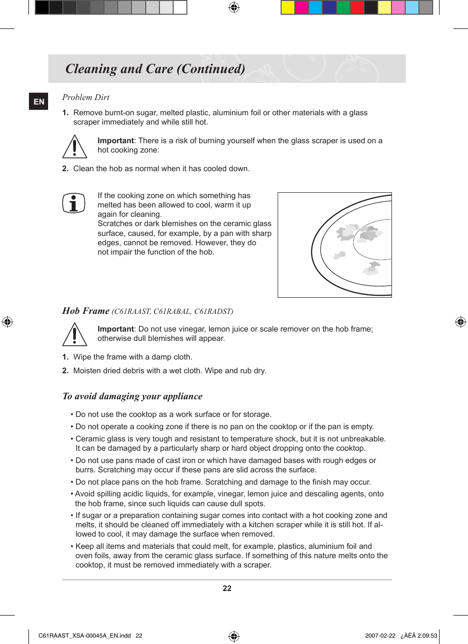 Cleaning and care (continued), Hob frame | Samsung C61RAAST User Manual | Page 24 / 30