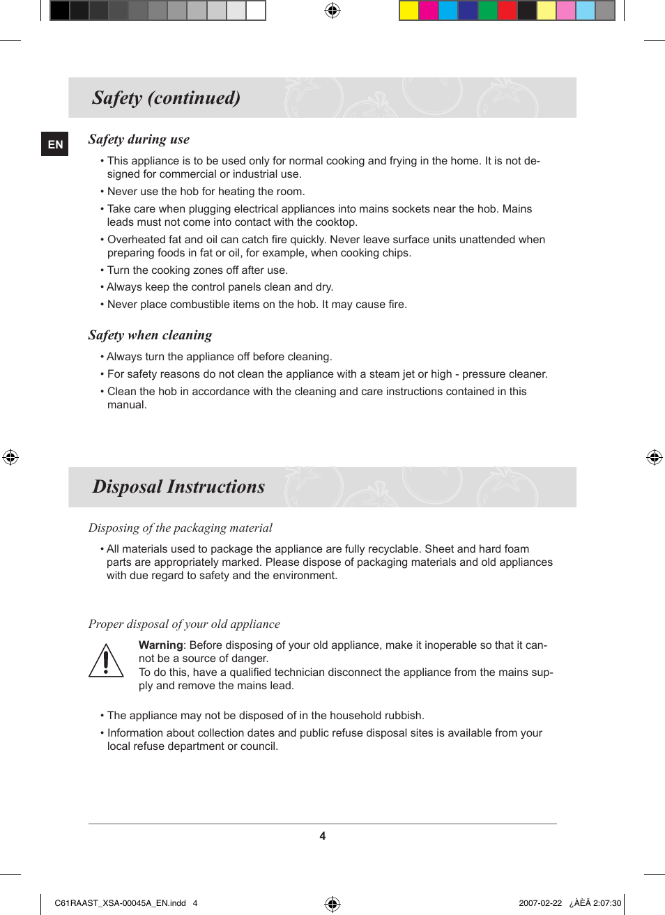 Disposal instructions, Safety (continued) disposal instructions | Samsung C61RAAST User Manual | Page 6 / 30