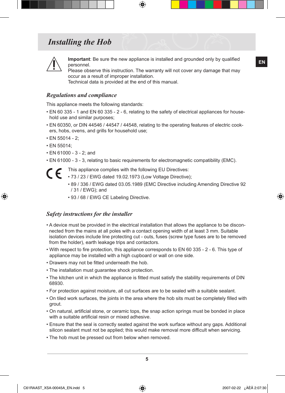 Installing the hob, Regulations and compliance, Safety instructions for the installer | Samsung C61RAAST User Manual | Page 7 / 30