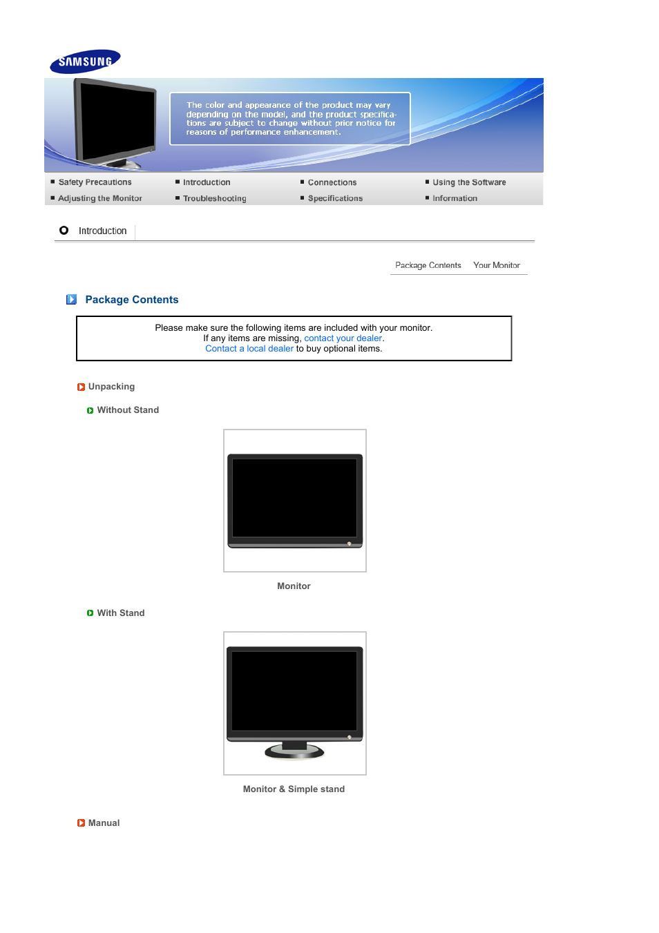 Introducion, Package contents, Your monitor | Samsung 216BW User Manual | Page 13 / 52