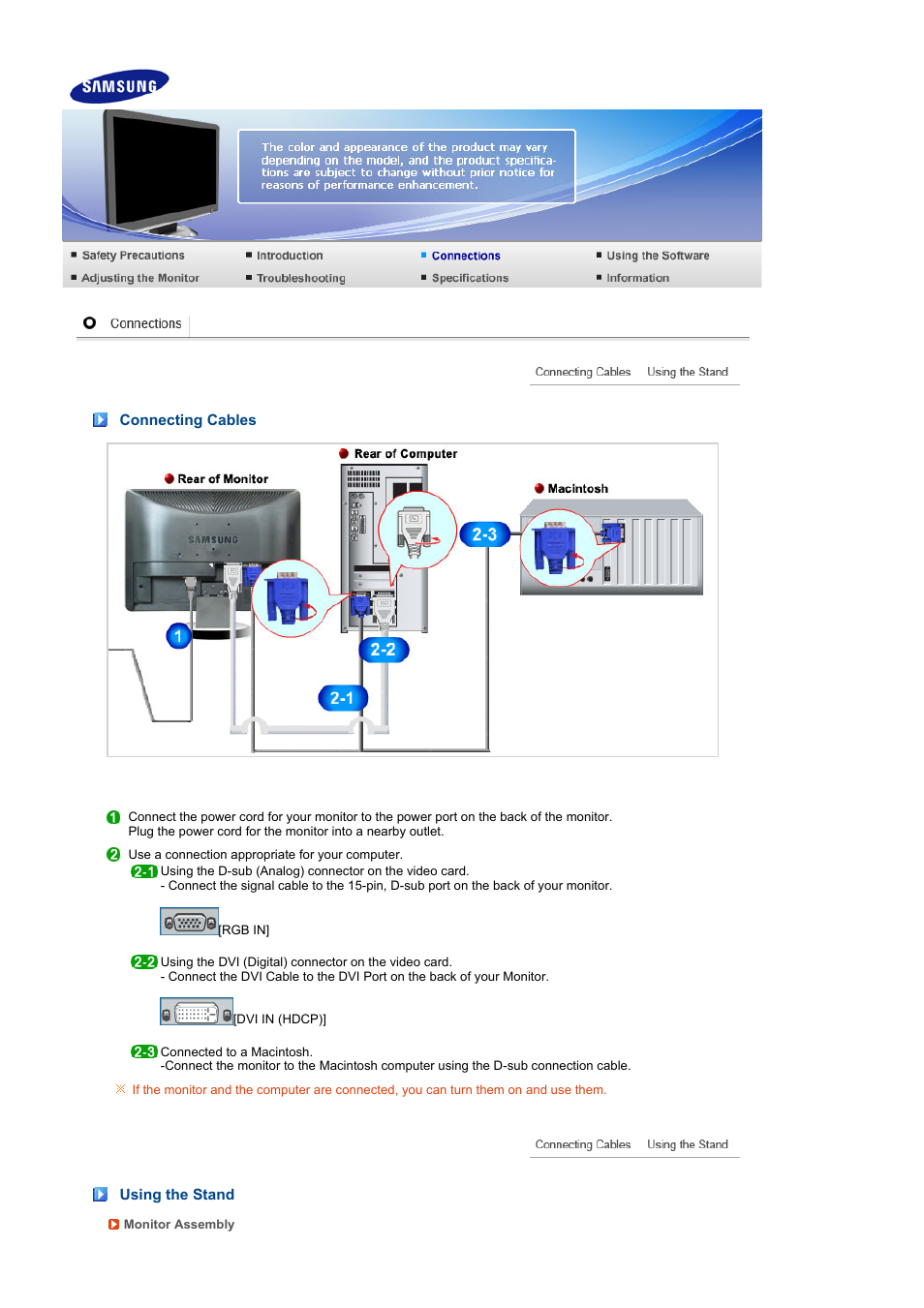 Connections, Connecting cables, Using the stand | Samsung 216BW User Manual | Page 17 / 52