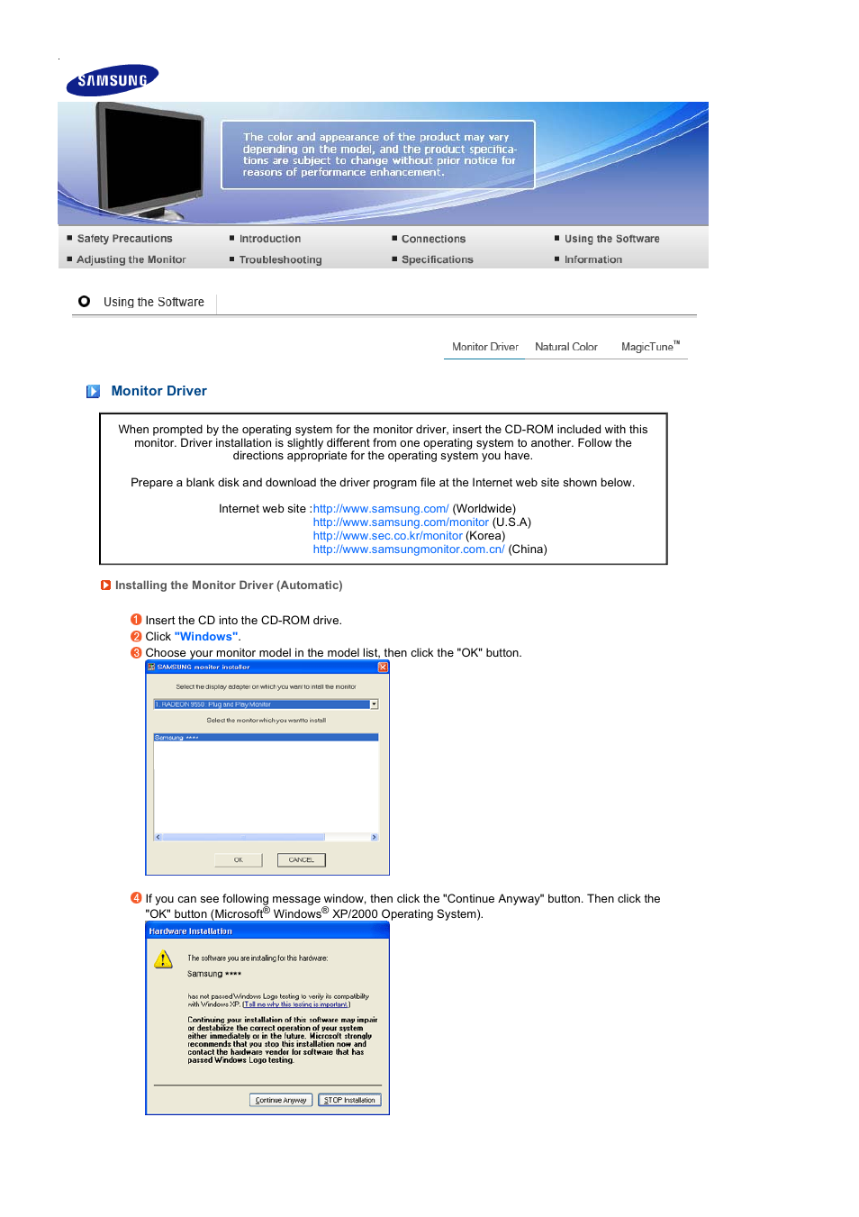 Using the software | Samsung 216BW User Manual | Page 20 / 52