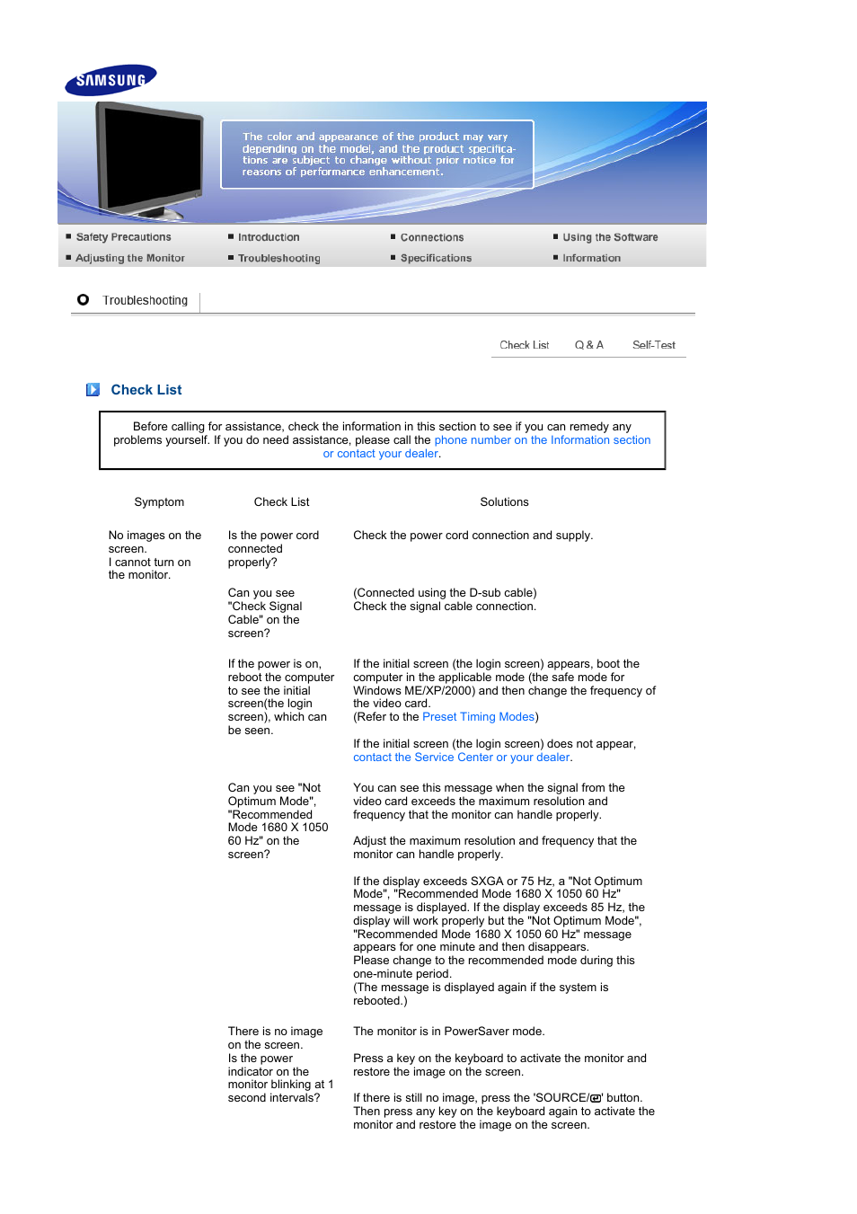 Trobleshooting, Check list, Q & a | Samsung 216BW User Manual | Page 39 / 52