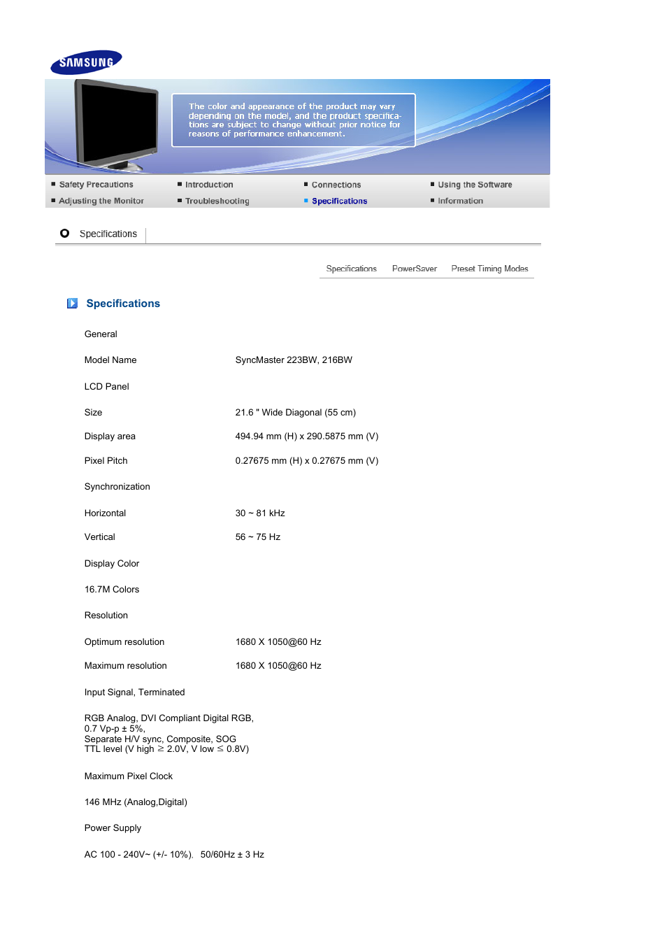 Specifications | Samsung 216BW User Manual | Page 44 / 52