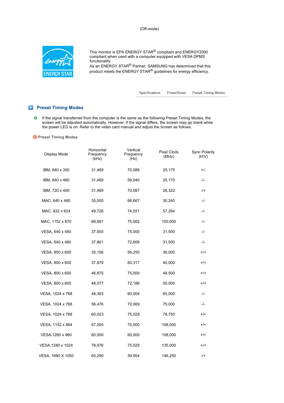 Preset timing modes | Samsung 216BW User Manual | Page 46 / 52