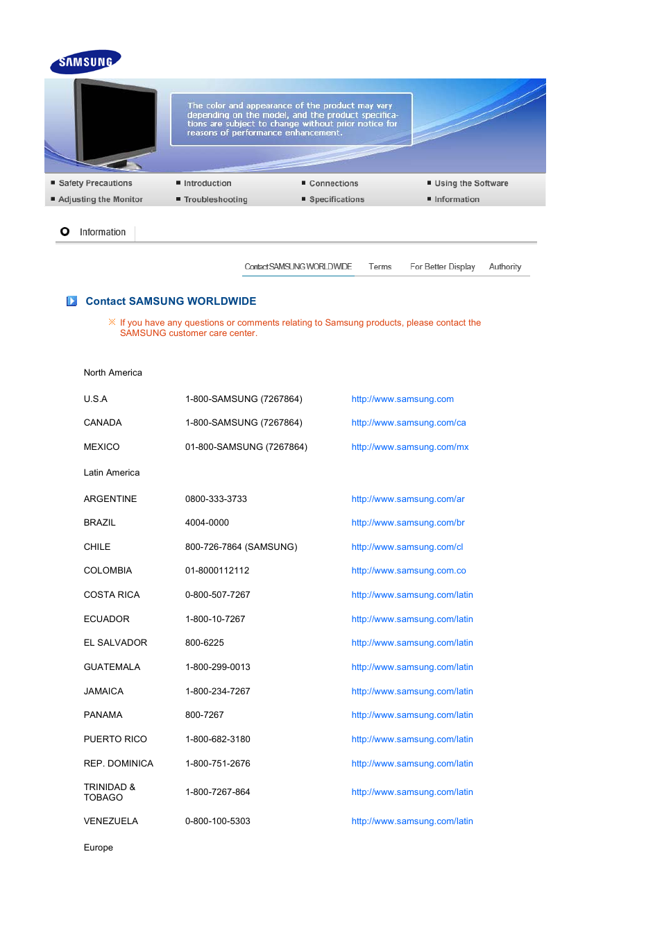 Information, Contact samsung worldwide | Samsung 216BW User Manual | Page 48 / 52