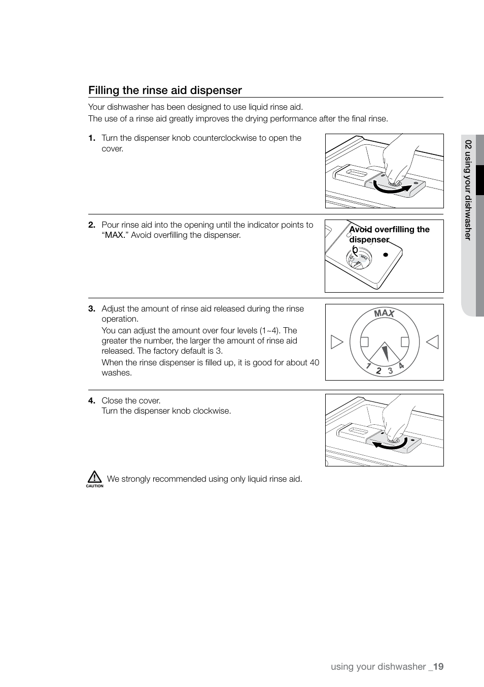 Filling the rinse aid dispenser | Samsung DMRLHS User Manual | Page 19 / 30