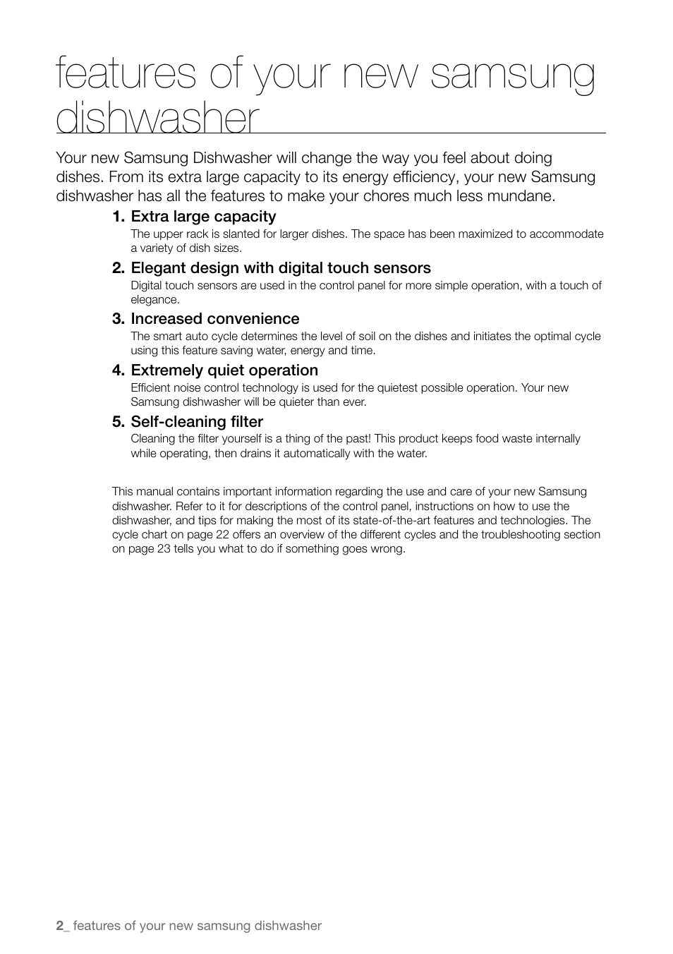 Features of your new samsungdishwasher, Features of your new samsung dishwasher | Samsung DMRLHS User Manual | Page 2 / 30