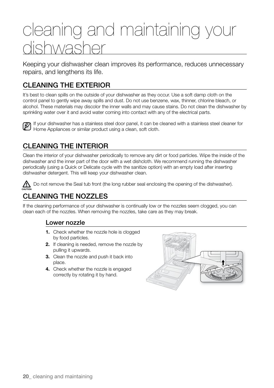 Cleaning and maintaining yourdishwasher, Cleaning and maintaining your dishwasher | Samsung DMRLHS User Manual | Page 20 / 30