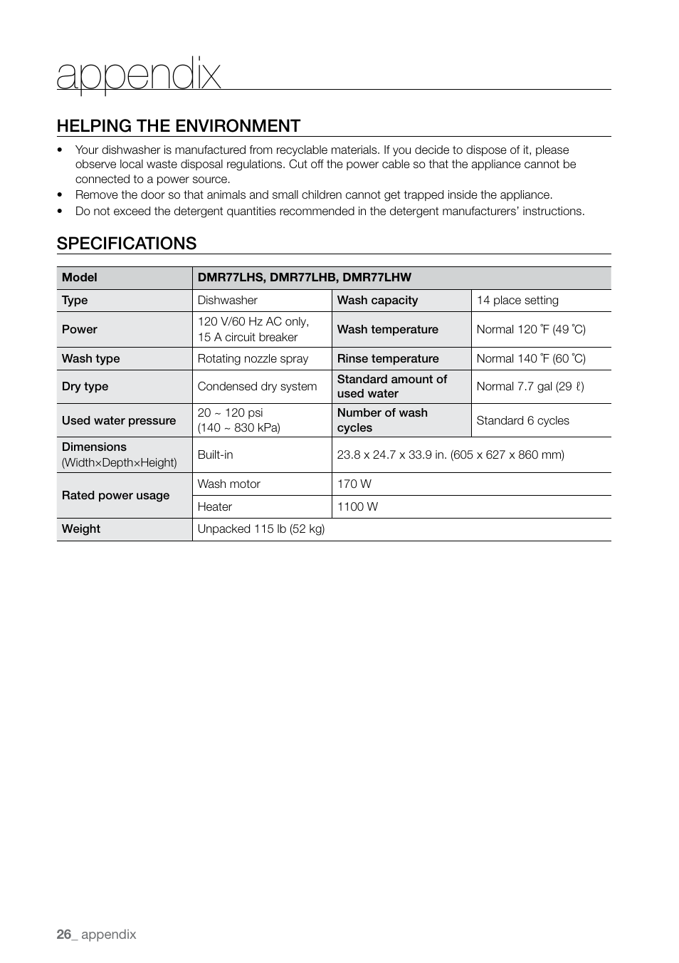Appendix, Helping the environment, Specifications | Samsung DMRLHS User Manual | Page 26 / 30