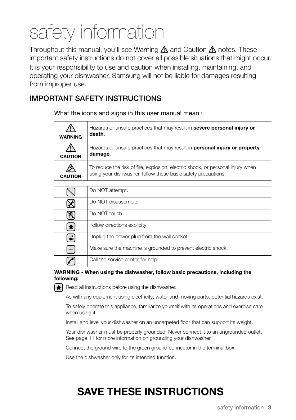 Safety information, Save these instructions, Important safety instructions | Samsung DMRLHS User Manual | Page 3 / 30