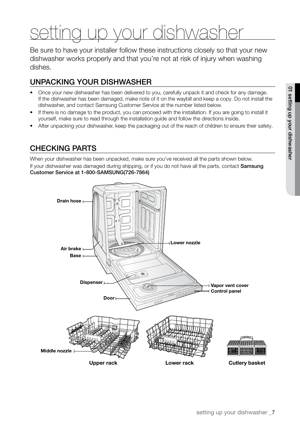 Setting up your dishwasher, Unpacking your dishwasher, Checking parts | Samsung DMRLHS User Manual | Page 7 / 30