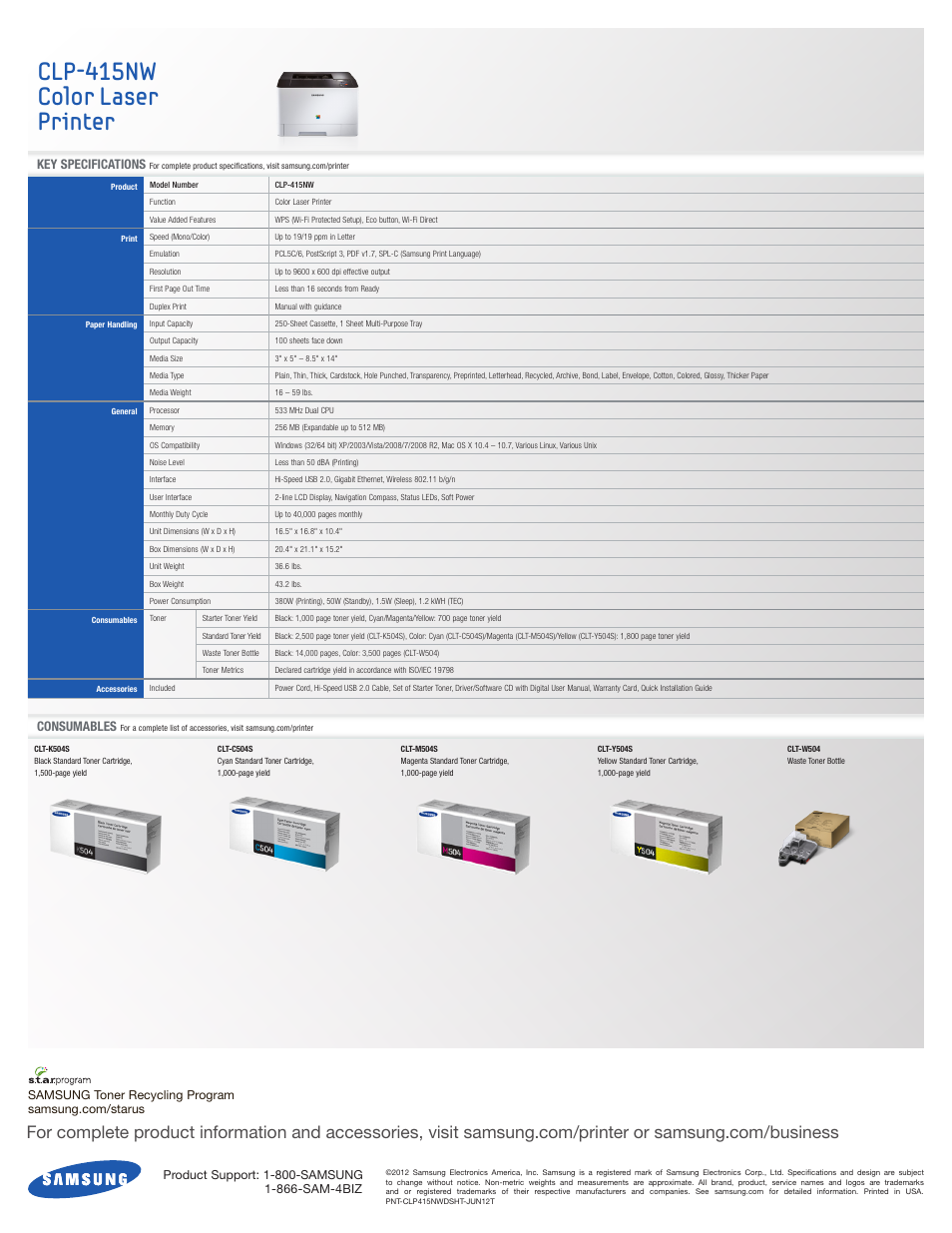 Clp-415nw color laser printer, Key specifications, Consumables | Samsung CLP-415NW User Manual | Page 2 / 2