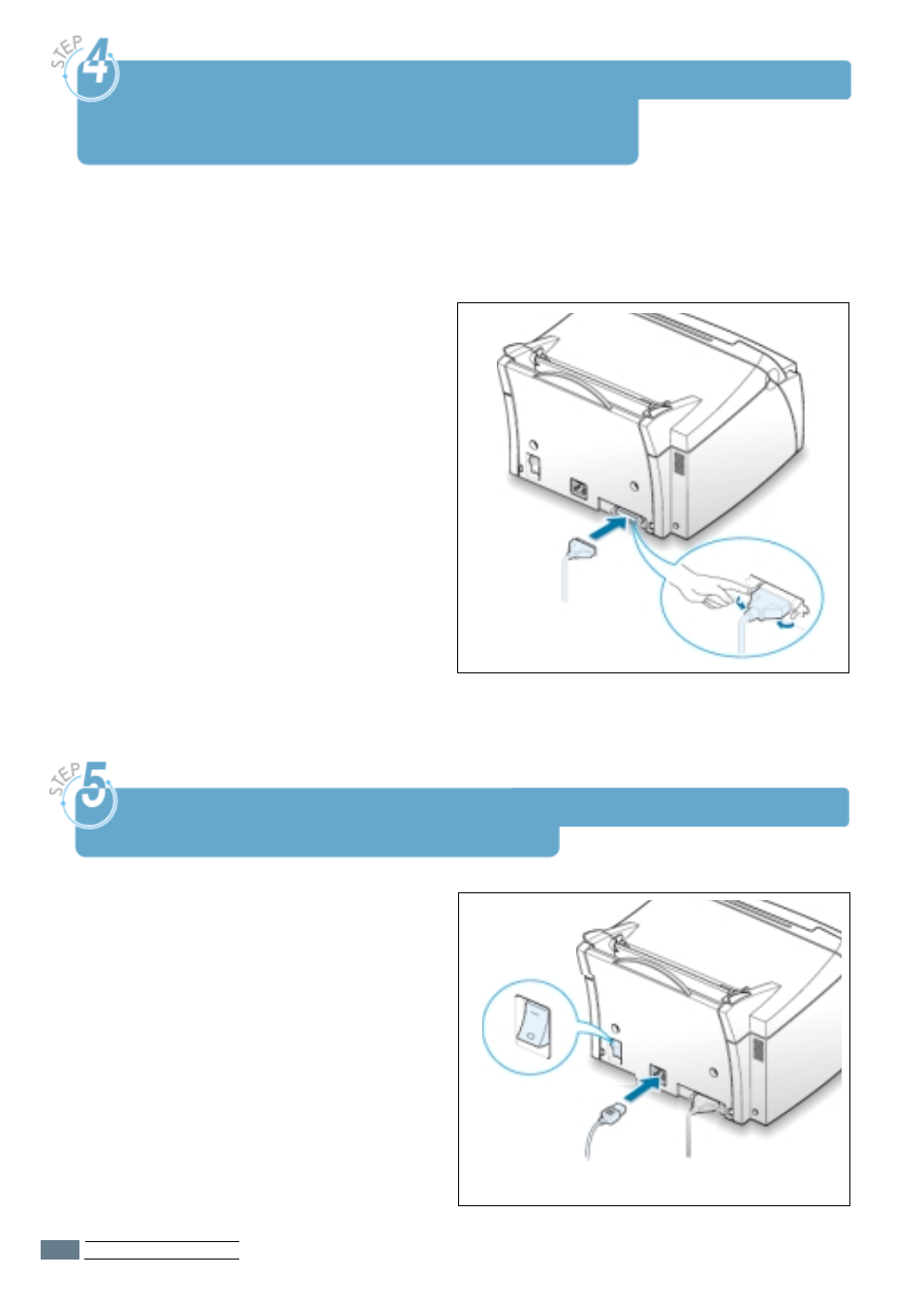 Step 5 turn on the printer, Step 4, Step 5 | Connect to the computer with a parallel cable, Turn on the printer | Samsung ML-4500 User Manual | Page 18 / 102