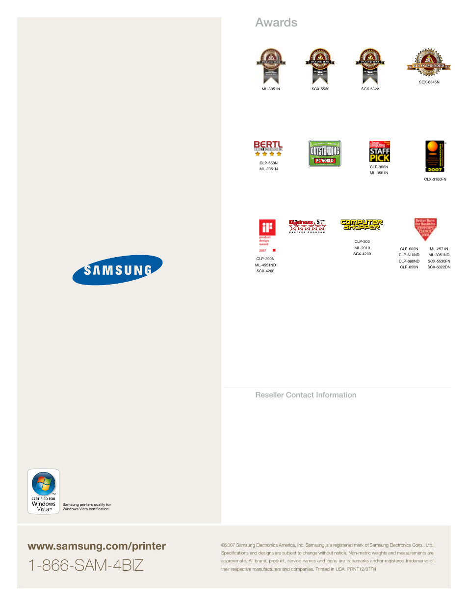 866-sam-4biz, Awards, Reseller contact information | Samsung Color and Monochrome Laser Printers and MFPs User Manual | Page 12 / 12