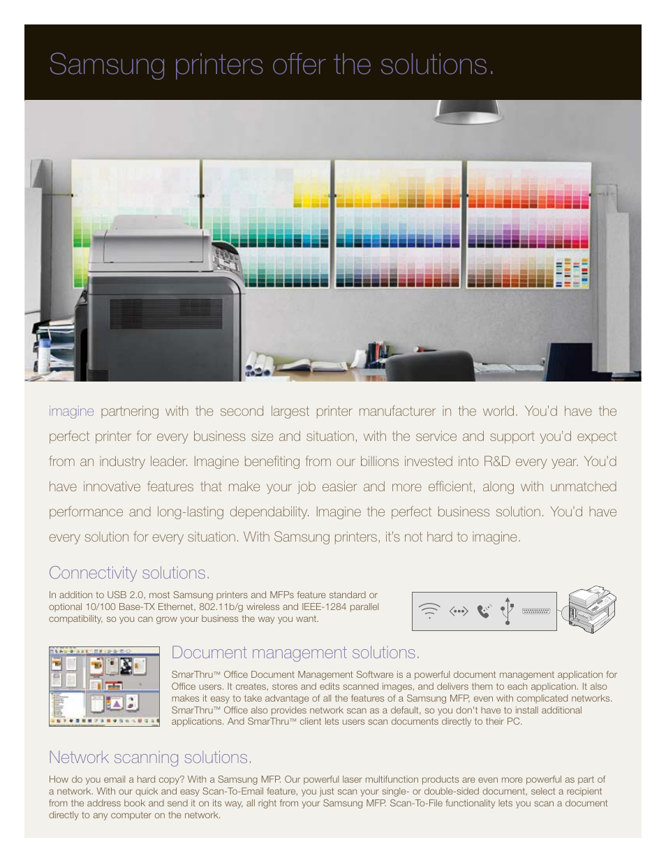 Samsung printers offer the solutions, Connectivity solutions, Document management solutions | Network scanning solutions | Samsung Color and Monochrome Laser Printers and MFPs User Manual | Page 2 / 12