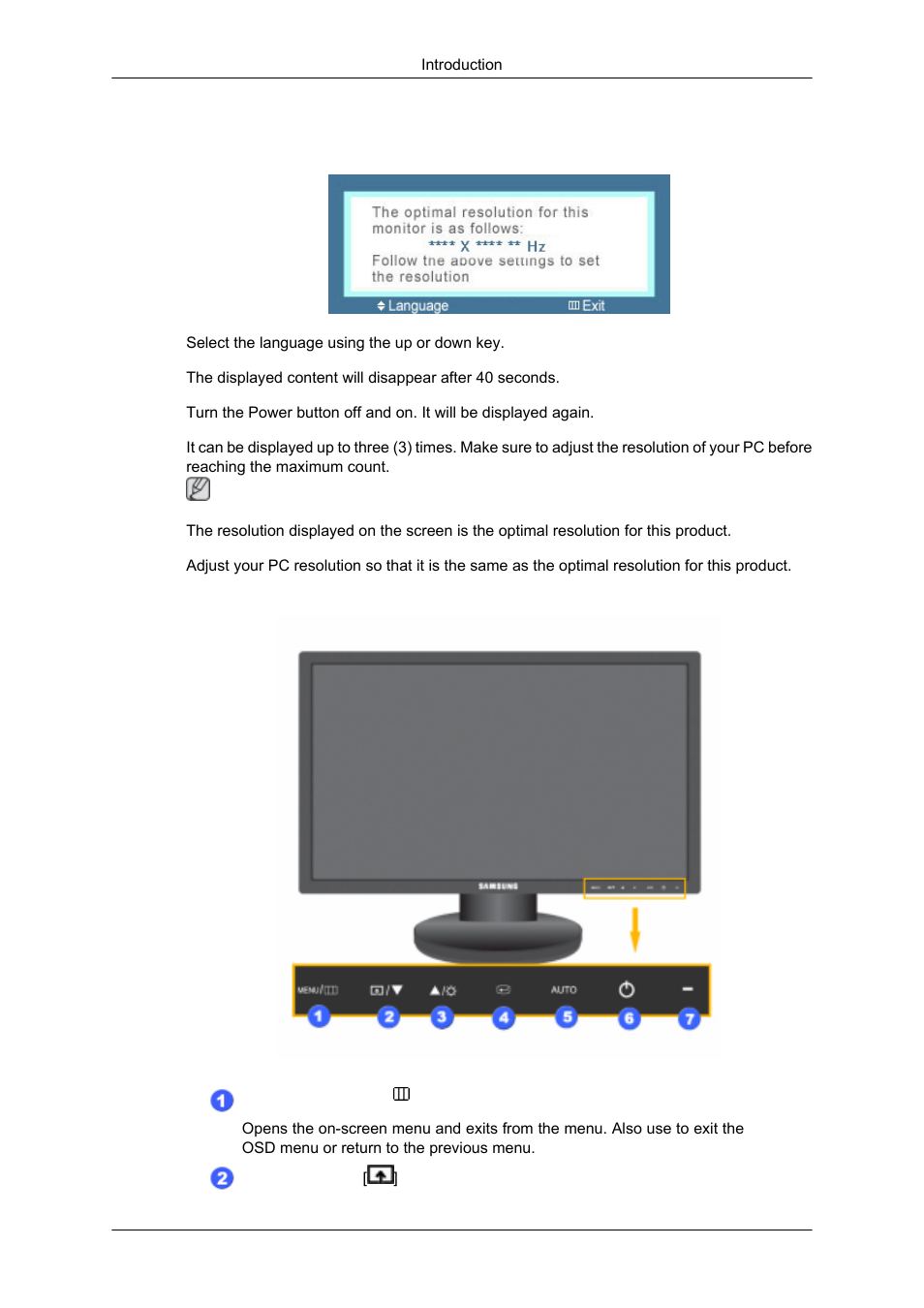 Your monitor, Initial settings, Front | Samsung 2043SN User Manual | Page 16 / 202