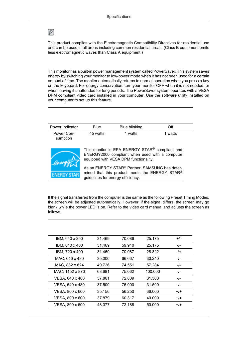 Powersaver, Preset timing modes | Samsung 2043SN User Manual | Page 167 / 202